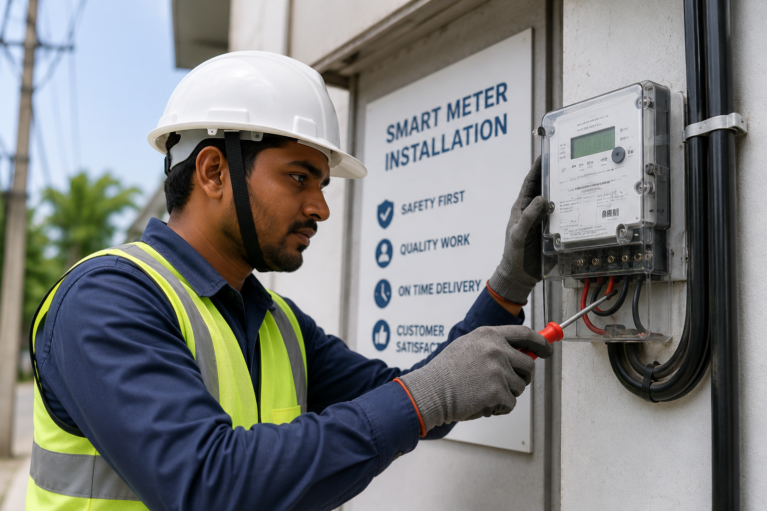 Technician installing a smart meter with safety helmet and high-visibility vest